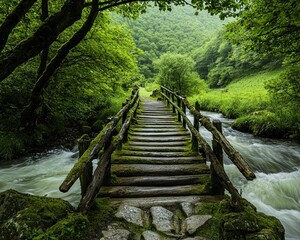 Obraz premium Enchanting wooden bridge crossing a vibrant river in a lush, green forest scene
