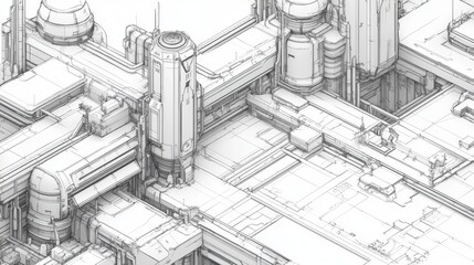 Obraz premium Isometric wireframe illustration of a Harkonnen brutalist urban military complex, futuristic and detailed. 