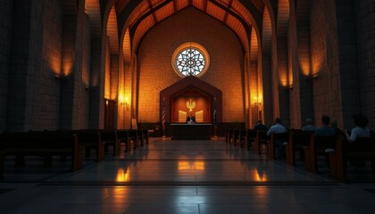 Obraz premium Dramatic Synagogue Interior with People and Lit Candles for Worship or Ceremony