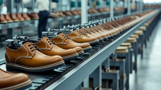 Leather shoes are being processed on a production line in a shoe factory	
