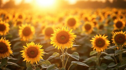 Fototapeta premium Vibrant Sunflower Field at Sunset with Golden Light and Bokeh Effect