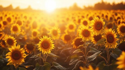 Obraz premium Vibrant Sunflower Field Under Golden Sunset Sky in Nature