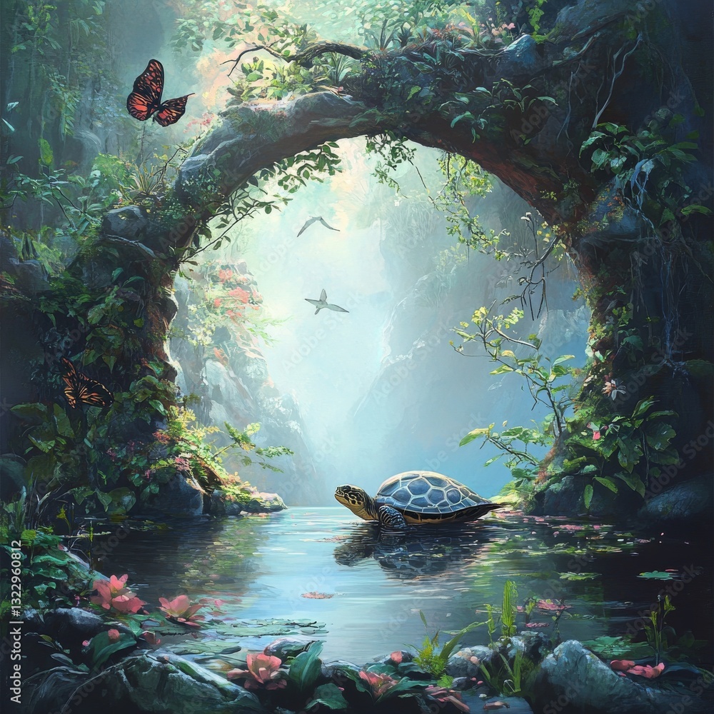 Poster a serene sanctuary: turtle's journey through a lush, mystical forest archway towards the light and t