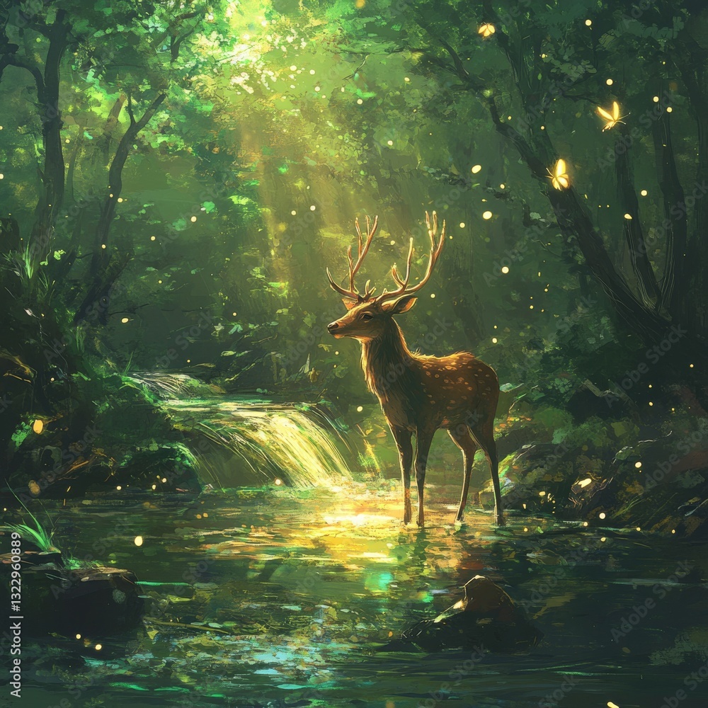Poster a solitary deer stands in a shimmering forest pool bathed in sunlight, surrounded by fireflies and a