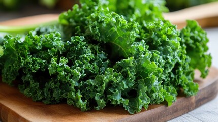 A pile of deep green kale leaves with curly textures, resting on a wooden cutting board.