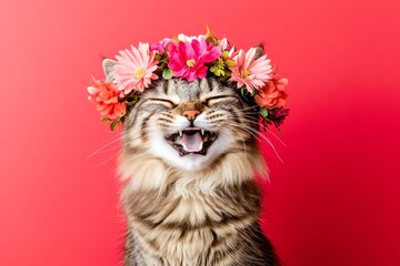 Isolated red background, copy space, digital ads idea art. Cute adult cat somali wearing savage flower circlet on its head - symbol of sunny warm season. Pet in flower crown.
