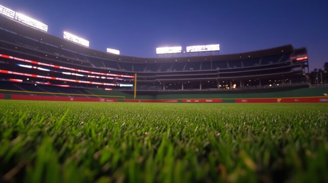 night photo of angels stadium, lit up, empty, focusing on the field and grass. 