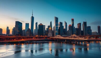 Fototapeta premium Cityscape at Dusk Features Bridges Skylines and Water Reflections