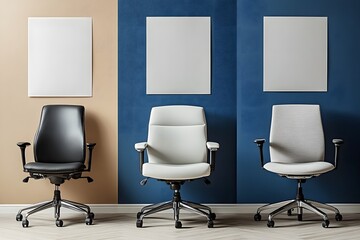 Three panels of office minimalism with double exposure – an ergonomic chair, a blank paper