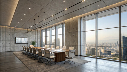 Modern Concrete Conference Room with Panoramic City Views