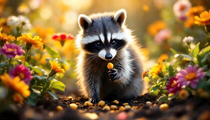 Cute Raccoon Eating Snack in Flower Garden at Sunset