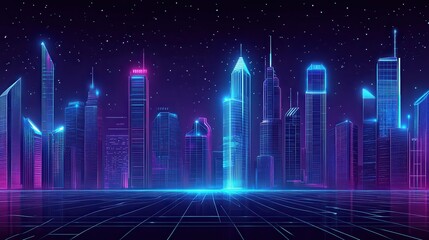 Neon Cityscape at Night Under a Starry Sky