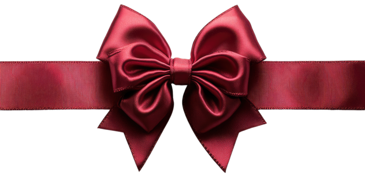 Red ribbon bow, Red gift bows and ribbons, cut out. Elegant satin and organza decorative elements for presents and holidays. Festive packaging accessories in various styles and textures