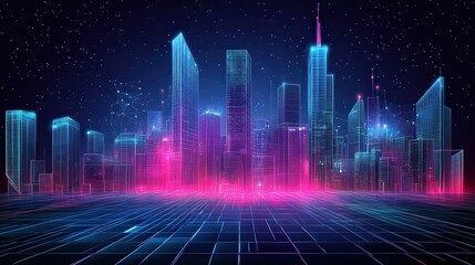 Neon Cityscape Wireframe Digital Metropolis Skyline