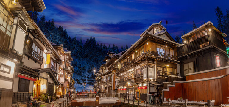 snowy winter evening in Ginzan Onsen, which is a famous hot spring town in Obanazawa, Yamagata, Japan