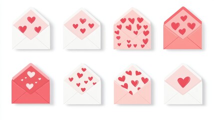 geometric valentine envelope set, red and pink heart motifs, love letter patterns, modern flat design, crisp white envelopes, playful romantic layout, sweet message collection