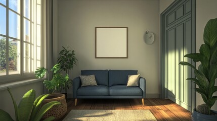 Fototapeta premium A 3D picture shows a simple, Scandinavian-style room with a mock-up poster frame. 