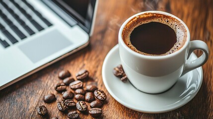 Coffee, Laptop, Wooden Desk