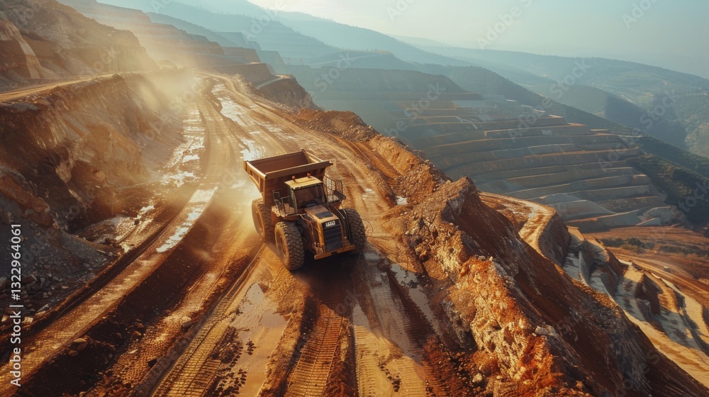 Poster a large dump truck navigates through a dusty mining site surrounded by steep hills and distant mount