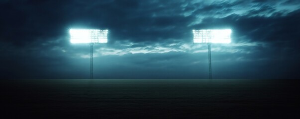 Two stadium lights illuminate a darkened grassy field beneath cloudy skies