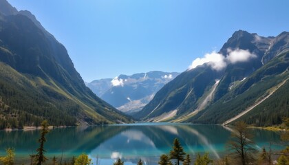 Obraz premium Majestic Mountain Lake with Clear Blue Water and Reflecting Peaks Under Sunny Sky