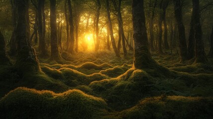 Obraz premium Enchanted Forest with Soft Light Filtering Through Dense Trees