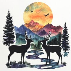 Fototapeta premium Watercolor Deer Silhouette Landscape with Mountain Sunset: A Serene Wildlife Scene