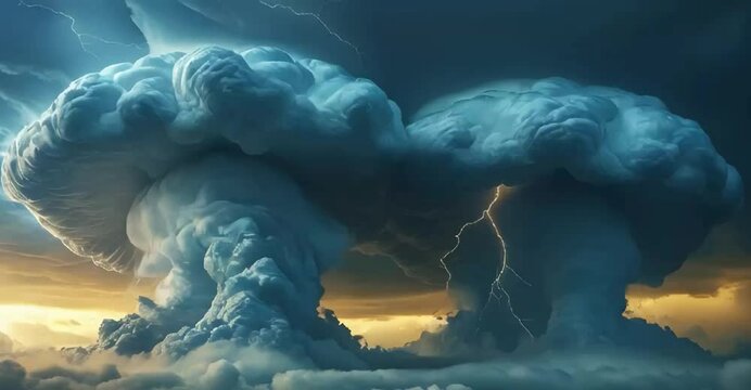 A breathtaking, ominous sky dominated by two massive, dark storm clouds, their anvil-shaped bases churning with turbulent, greyish-blue mist, as if electrified by an imminent clash