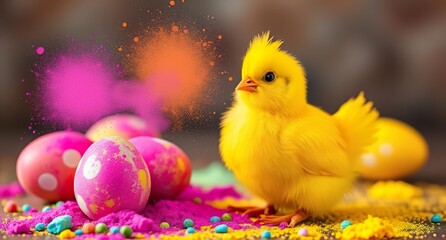 easter eggs colours chicken funny background - ai generated