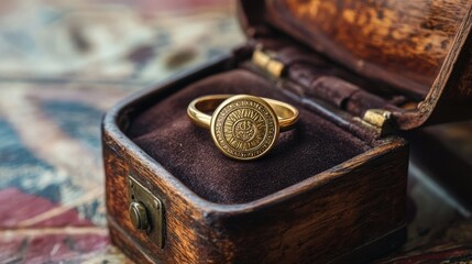 Antique Golden Ring Displayed in a Vintage Wooden Box with Plush Interior and Intricate Design Elements