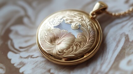 Naklejka premium Intricately Designed Vintage Locket Pendant with Floral Engraving and Elegant Gold Finish
