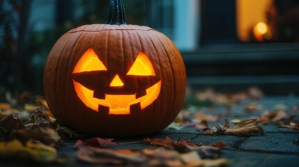 Illuminated Halloween pumpkin casting a warm glow on a porch surrounded by autumn leaves at night
