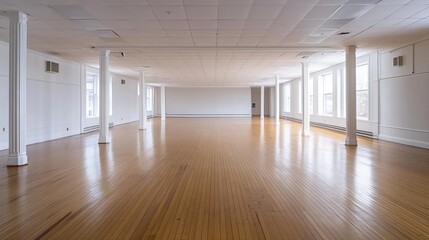 Fototapeta premium An empty room with white walls, a white ceiling, and wooden floors. 