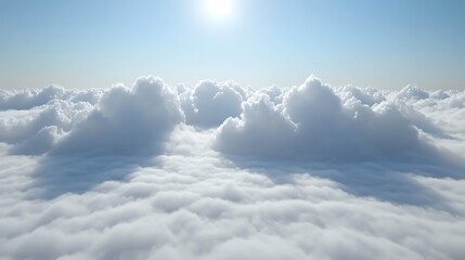 Fluffy clouds over height with sun in blue sky above