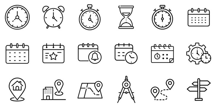"Time, Date, and Address Icon Set: A Modern Collection of Symbols for Scheduling, Navigation, and Location Marking"