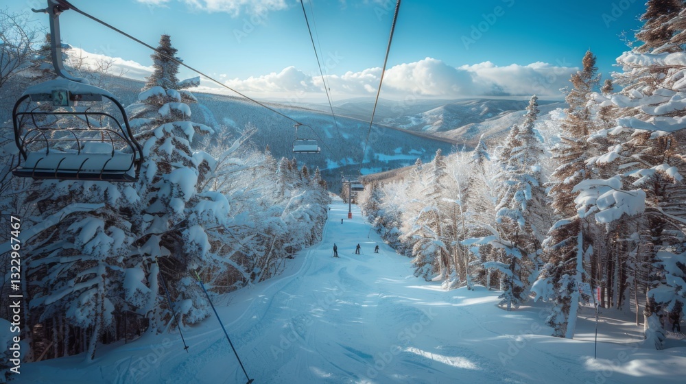Poster Skiers navigate down a pristine snow covered slope with tall frosted trees on either side while a chairlift operates overhead, revealing distant mountain peaks under a clear blue sky.