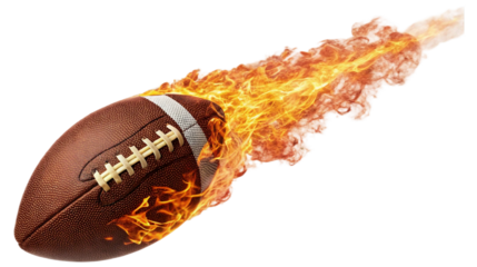Single American football ball engulfed in roaring flames, soaring through the air with intense motion and energy isolated on white background. Suitable for marketing or business purposes. PNG file