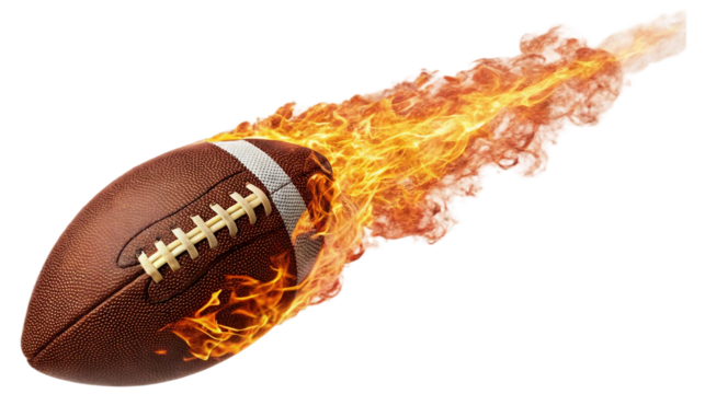 Single American football ball engulfed in roaring flames, soaring through the air with intense motion and energy isolated on white background. Suitable for marketing or business purposes. PNG file