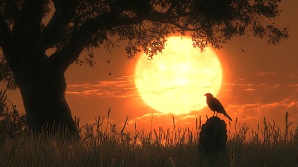 Fototapeta premium Silhouette of a Bird Perched on Tree Branch at Sunset