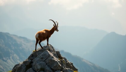 Fototapeta premium Ibex Standing on Rocky Mountain Peak Against a Blue Sky and Landscape Panorama