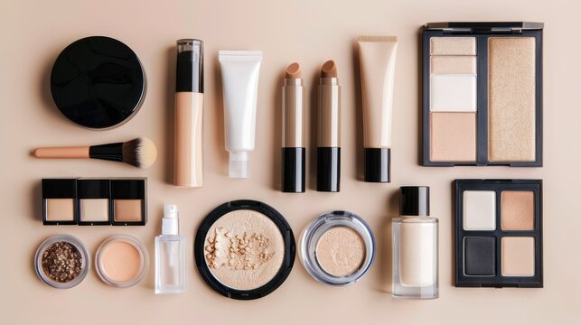 A collection of makeup products, including primers and concealers, arranged in a grid.