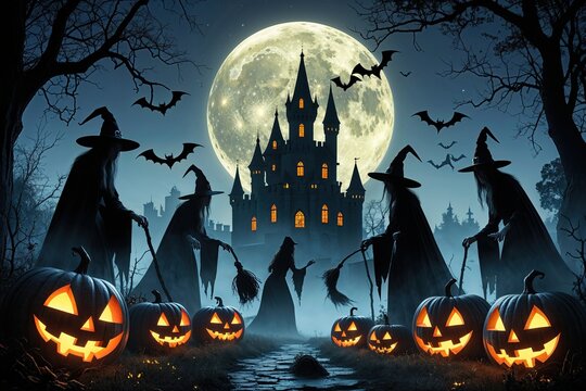 Terrifying October Night with Moonlit Shadows Witches Spirits and Sinister Castle for Spooky Festival Poster