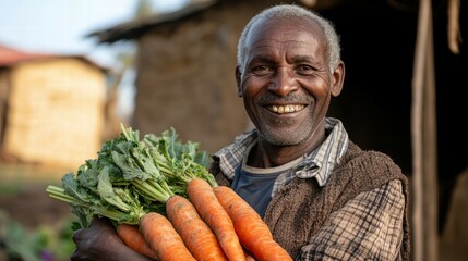 Elderly Man Smiling While Holding Freshly Picked Carrots and Greens
