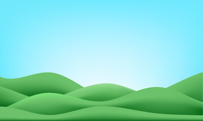 Obraz premium Green grass wave gradient 3d background. Vector hills and sky spring mountain. Grassy garden nature pattern cartoon. Summer field poster, paper podium blurred scene. Plasticine game land, park floor