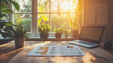 Bright Workspace with Laptop and Plant at Sunset Over a Data Report