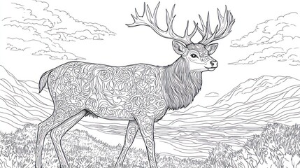 Deer in Mountains; Coloring Book Illustration; Nature Scene; Printable Art