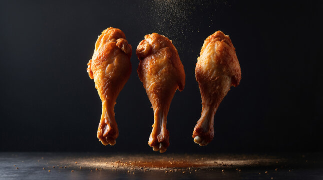 Golden and crispy fried chicken pieces tossed from above ideal for creating mouth watering menu advertisements food stock photo inspiration for menu