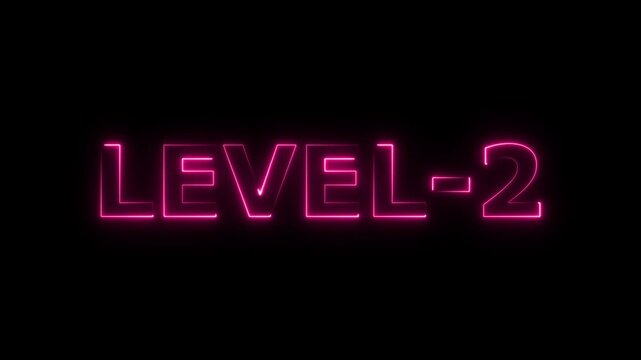Level two text font with glowing neon light.Level Up neon sign tex animation on a pink color.