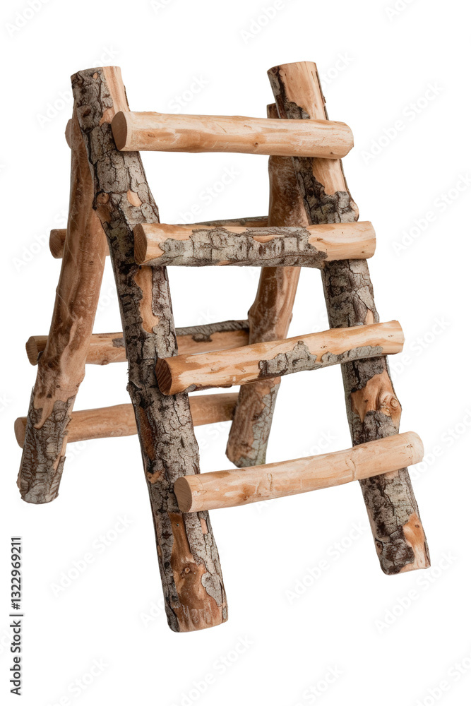 Poster rustic wooden ladder made from natural logs with a unique texture on a white background for versatil