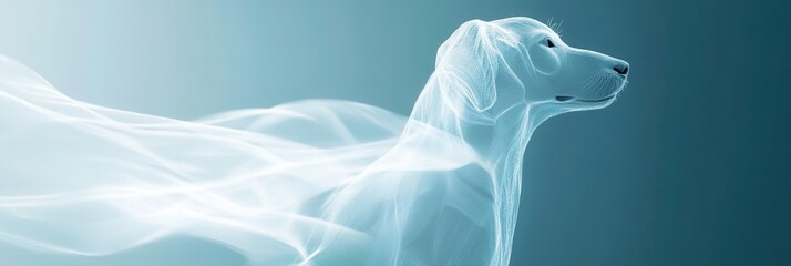 Modern veterinary service banner with flowing gradient design featuring a sleek dog representation and light blue tones